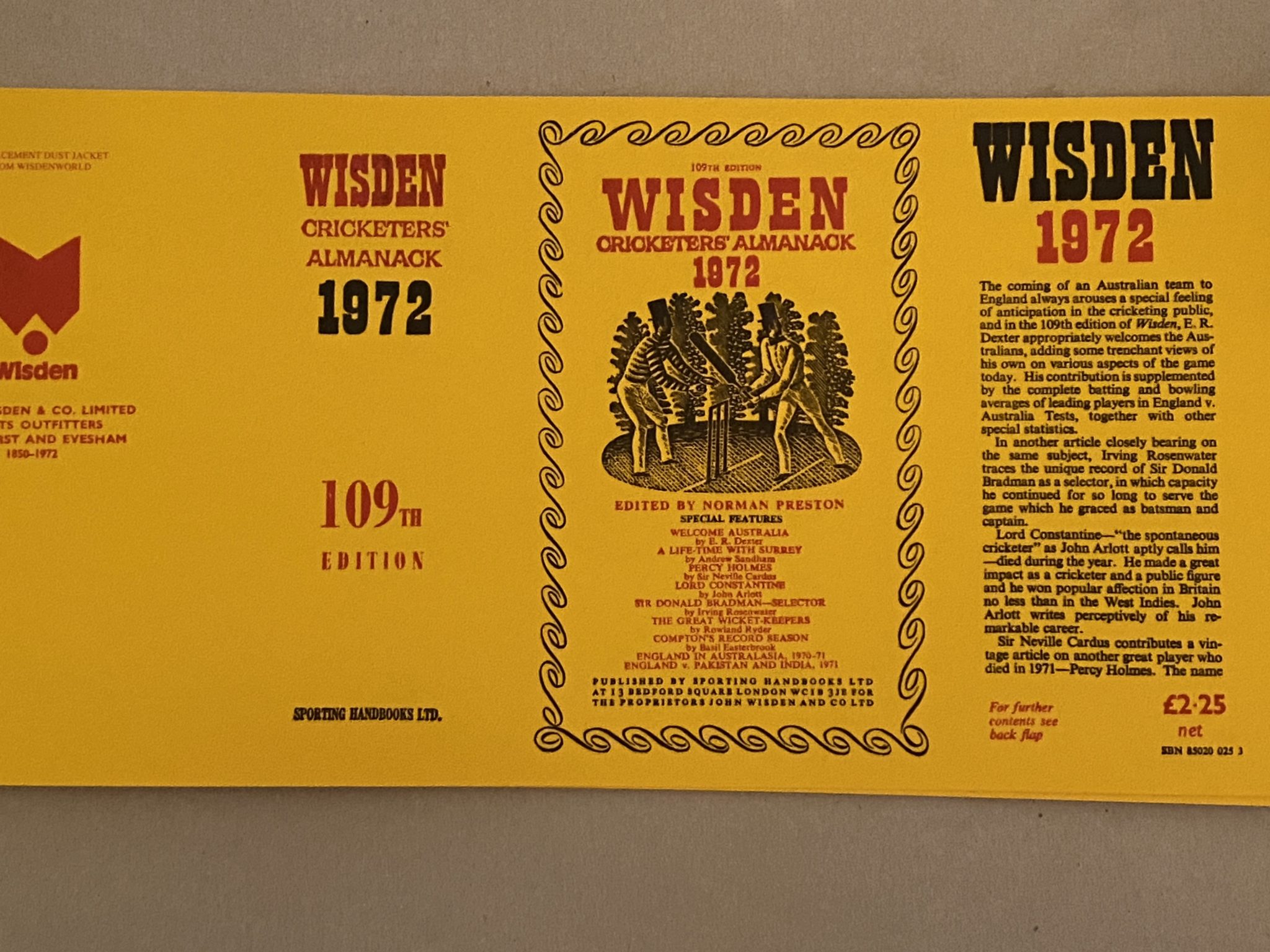 1972 Wisden Replacement Dust Jacket - Wisdenworld